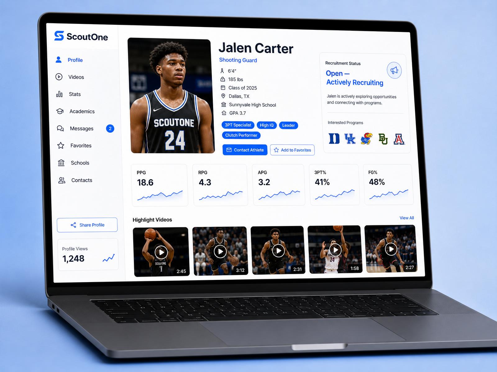 ScoutOne recruiting profile mockup on a laptop